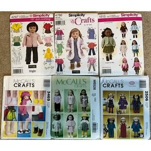 6 NEW Patterns 3 Simplicity & 3 McCall's 18" Doll Clothes & Accessories OS